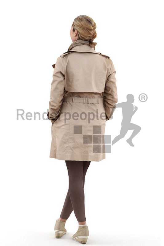 3d people outdoor, white blond 3d woman wearing a jacket