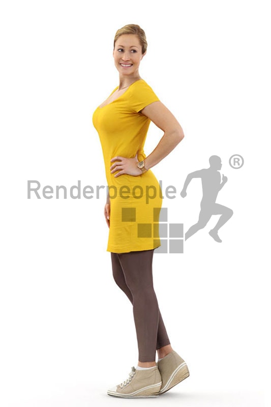 3d people casual, blond white 3d woman in a yellow dress looking over her shoulder