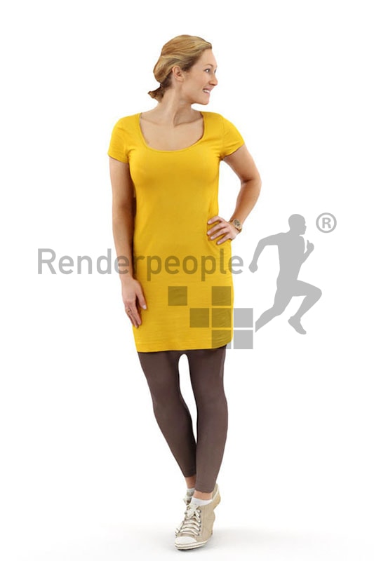 3d people casual, blond white 3d woman in a yellow dress looking over her shoulder
