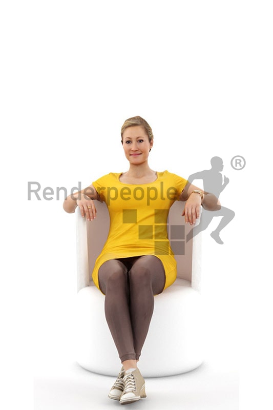 3d people casual, blond white 3d woman in yellow dress leaning back