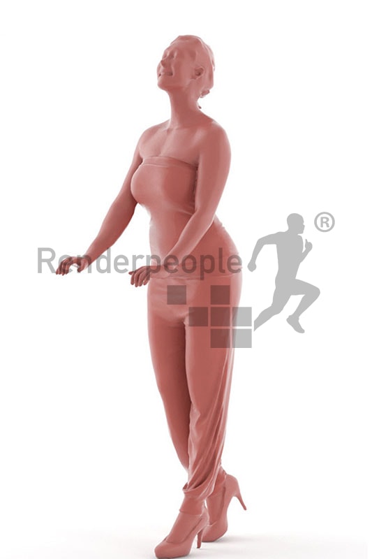 3d people casual, blond white 3d woman holding with her hands onto a rail