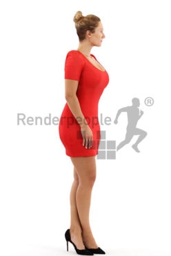 3d people event, blond white 3d woman in a red dress wearing high heels