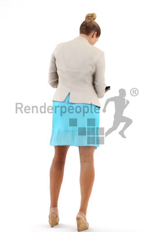 3d people business, blond white 3d woman standing and using a tablet