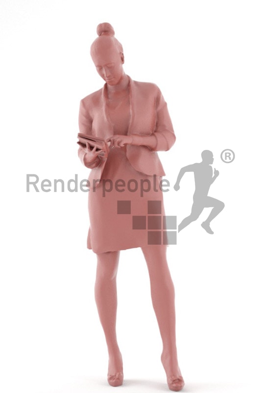 3d people business, blond white 3d woman standing and using a tablet