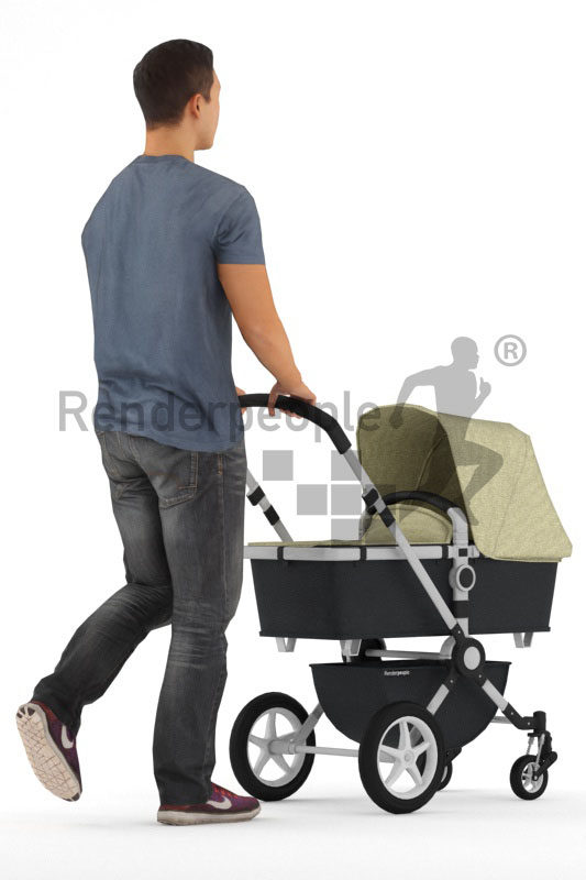 3d people casual, 3d asian man, walking with a buggy animated