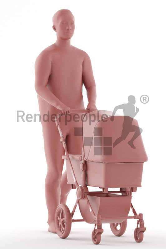 3d people casual, 3d asian man, walking with a buggy animated