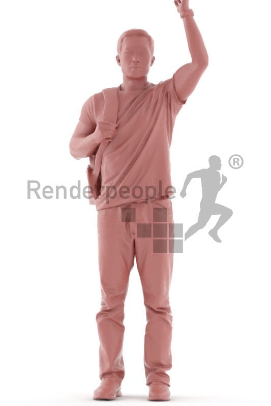 Photorealistic 3D People model by Renderpeople – asian man with backpack, greeting, casual