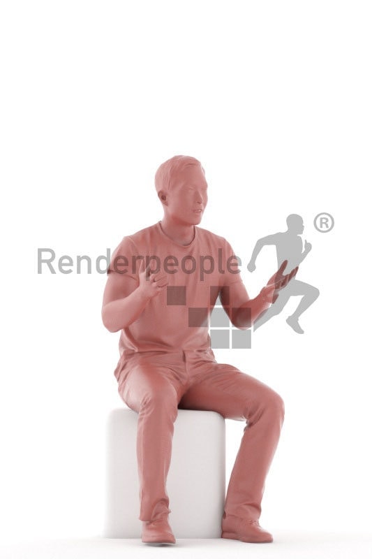 Scanned human 3D model by Renderpeople – asian man in daily t-shirt, sitting and communicating