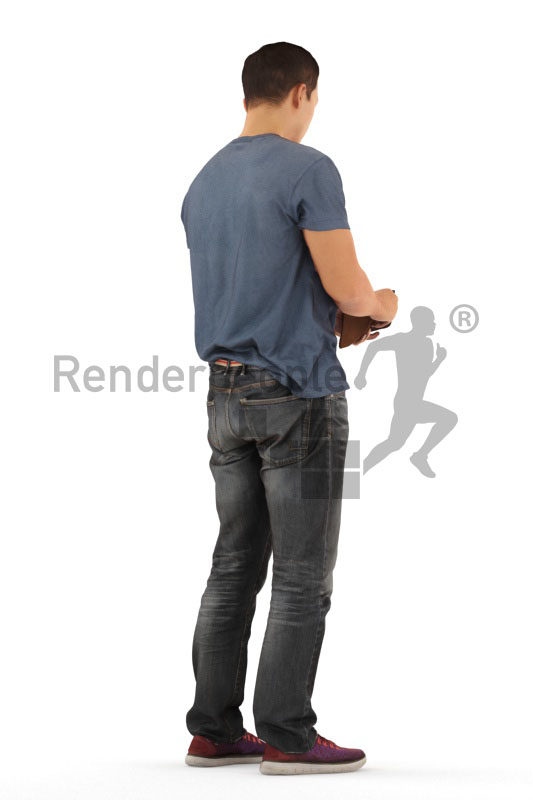 Posed 3D People model for visualization – asian man looking into his wallet, casual