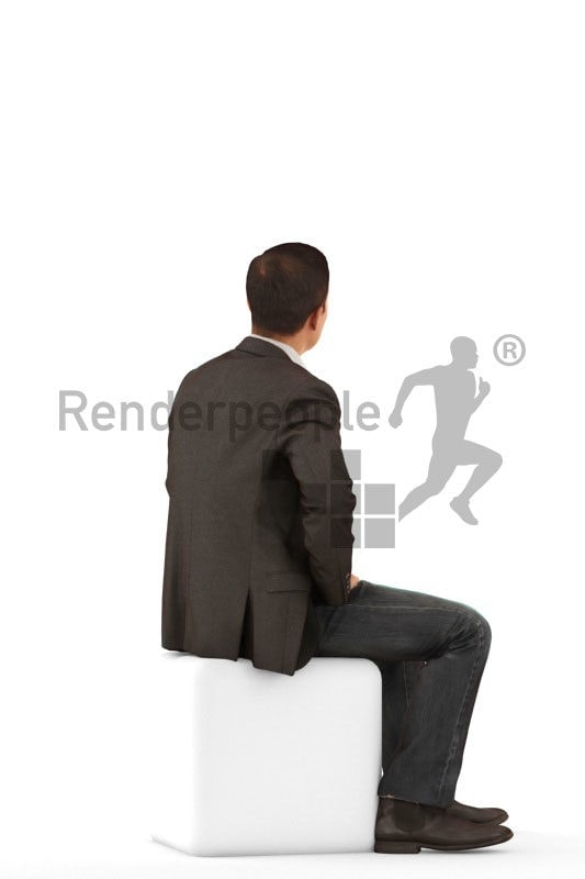 Posed 3D People model for visualization – asian man in business suit, sitting and communicating