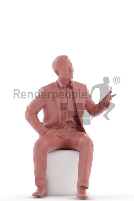 Posed 3D People model for visualization – asian man in business suit, sitting and communicating