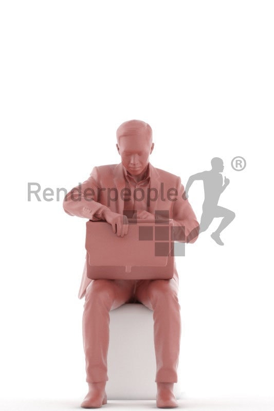 Scanned 3D People model for visualization – asian man in business clothes, sitting and searching for something in his bag
