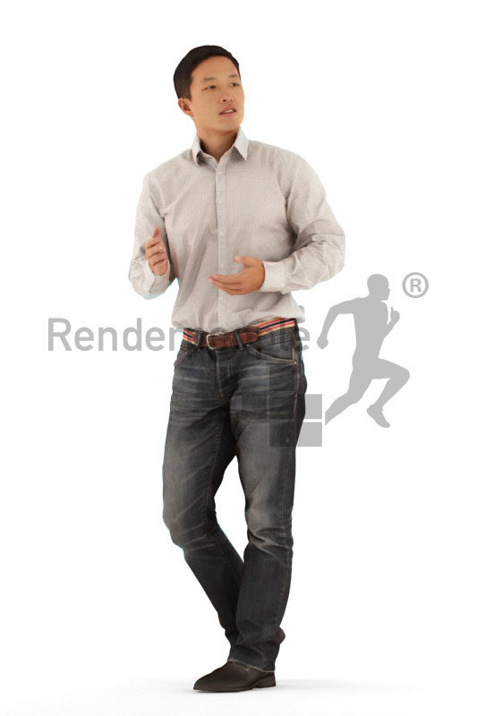 Realistic 3D People model by Renderpeople – asian man in business shirt, walking and communicating