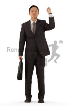 Scanned 3D People model for visualization – asian man in business suit, standing in the bus or train