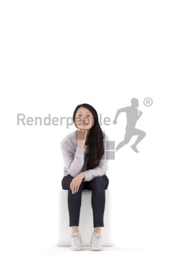 3D People model for 3ds Max and Maya – asian woman in a daily outfit, sitting and listening