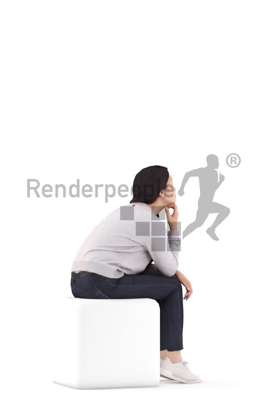 3D People model for 3ds Max and Maya – asian woman in a daily outfit, sitting and listening