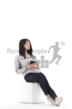 3d people casual, asian 3d woman sitting and holding mug