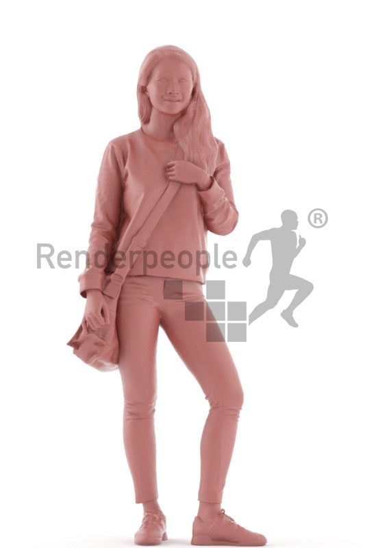 3d people casual, asian 3d woman standing and carrying a shoulderbag