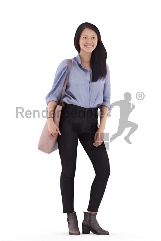Posed 3D People model for visualization – asian female in a smart casual look, standing with a bag