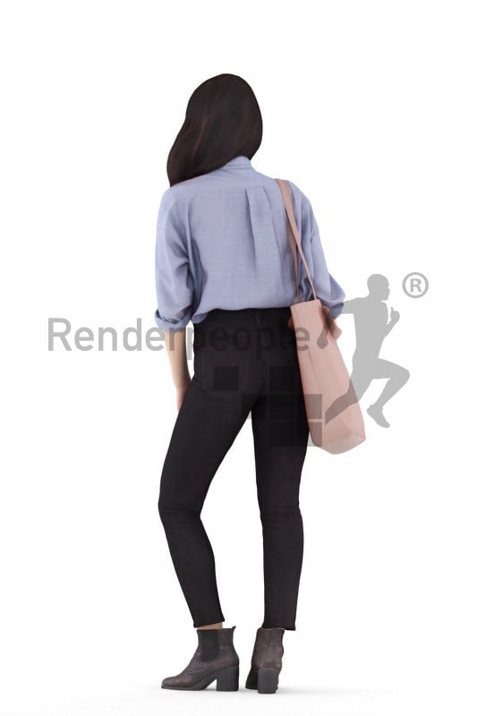 Posed 3D People model for visualization – asian female in a smart casual look, standing with a bag