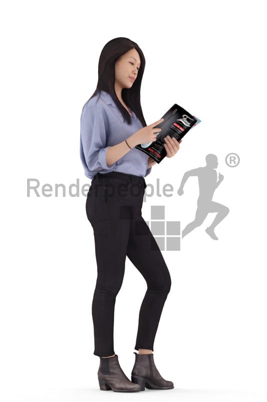 Posed 3D People model by Renderpeople – asian woman in a smart casual outfit, standing and reading a magazine