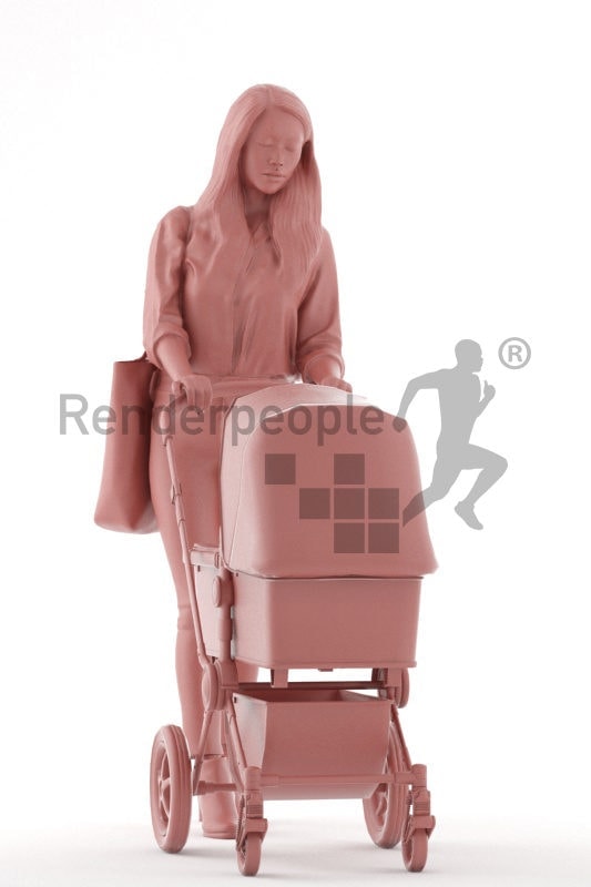3D People model for 3ds Max and Maya – asia woman in daily outfit, carrying a buggy