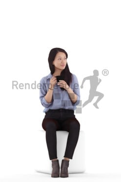 3D People model for 3ds Max and Cinema 4D – asian woman in a smart casual look, sitting and drinking coffee