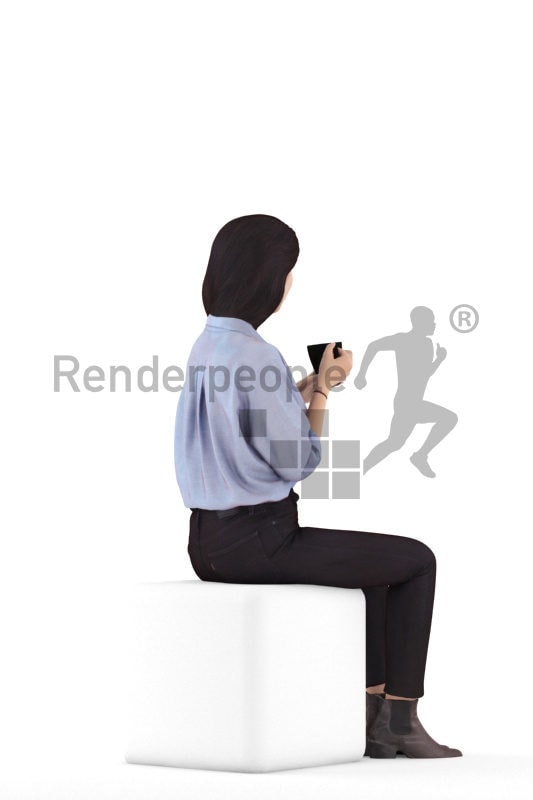 3D People model for 3ds Max and Cinema 4D – asian woman in a smart casual look, sitting and drinking coffee
