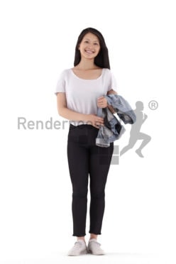 Posed 3D People model for visualization – asian woman, casual, standing and smiling