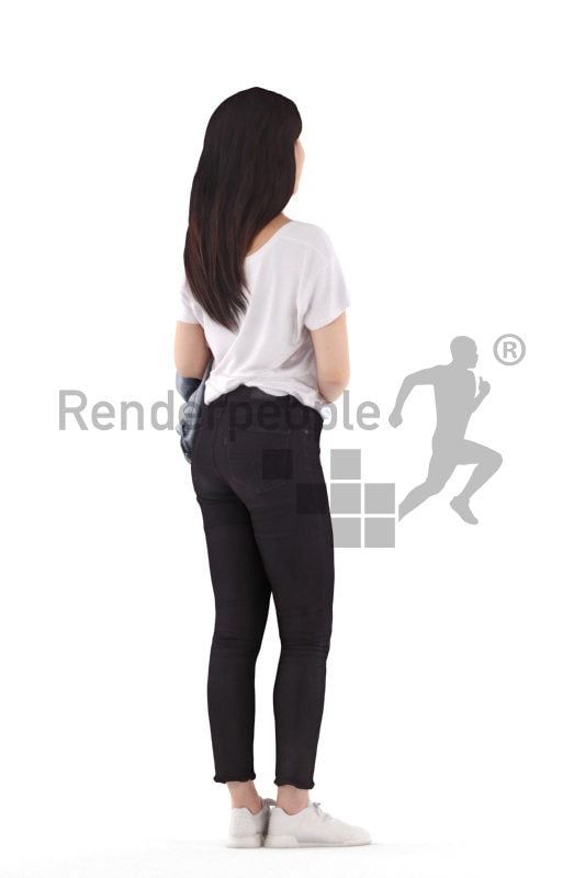 Posed 3D People model for visualization – asian woman, casual, standing and smiling