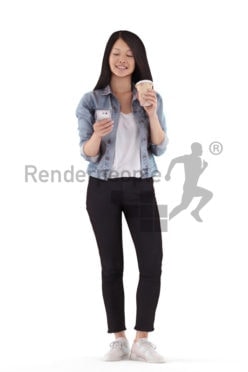 Posed 3D People model for renderings – asian woman in a casual outfit, texting and drinking coffee