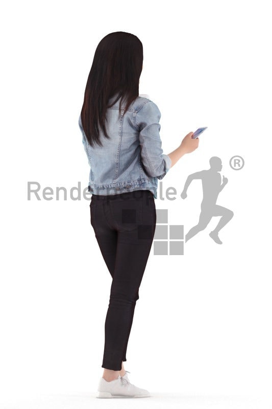 Posed 3D People model for renderings – asian woman in a casual outfit, texting and drinking coffee
