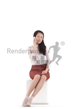 Photorealistic 3D People model by Renderpeople – asian woman in event/ business clothing, sitting and calling