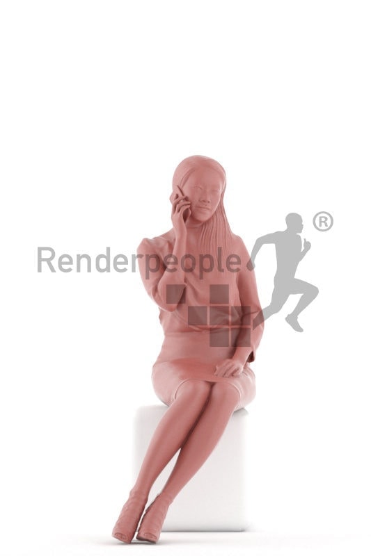 Photorealistic 3D People model by Renderpeople – asian woman in event/ business clothing, sitting and calling