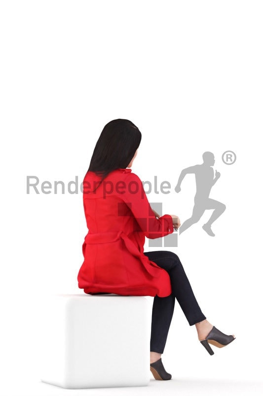Realistic 3D People model by Renderpeople – asian woman in casual outdoor look, sitting and searching for something in her bag