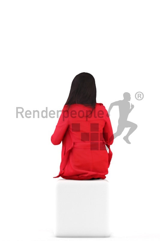 Posed 3D People model by Renderpeople – asian woman in red trenchcoat sitting and eating