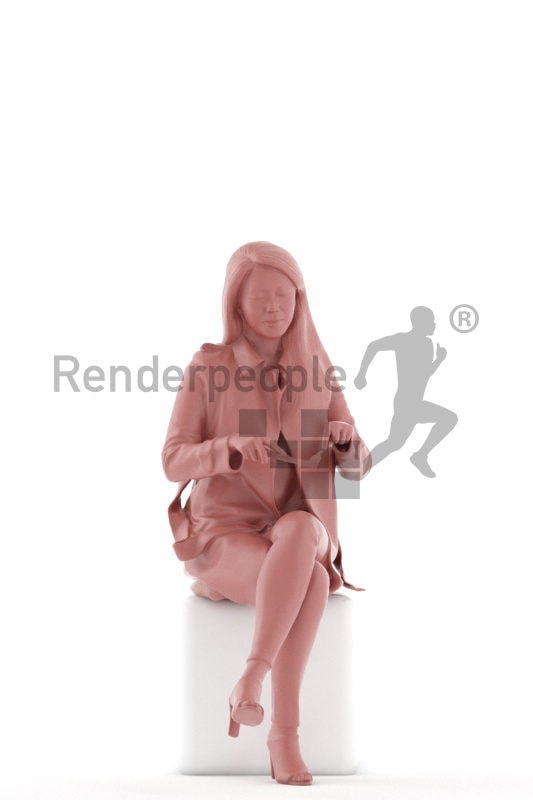 Realistic 3D People model by Renderpeople – asian woman in casual outdoor look, sitting and searching for something in her bag