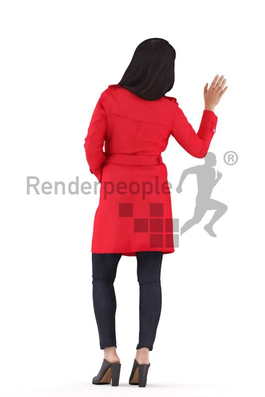 Realistic 3D People model by Renderpeople – asian woman in casual outdoor look, standing ad greeting