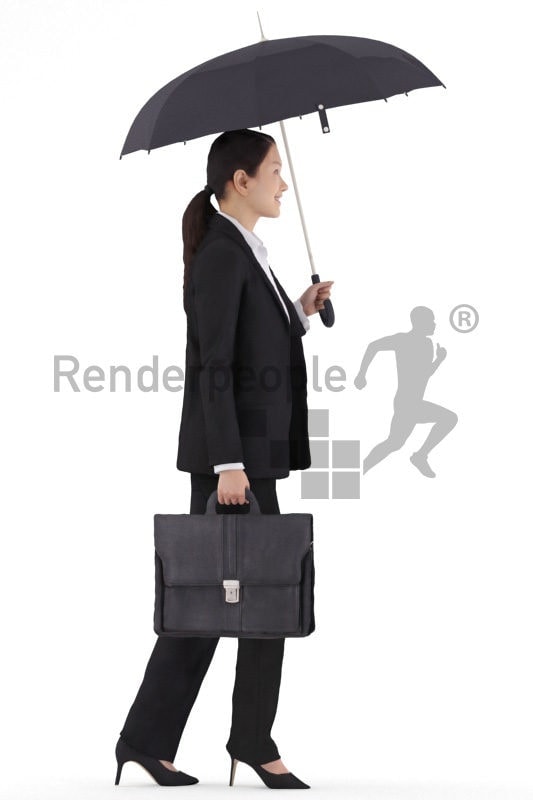 3d people business, asian 3d woman walking and holding an umbrella