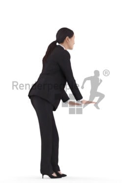 Scanned 3D People model for visualization – asian woman in business clothing, leaning on something and smiling