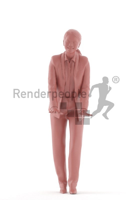 Scanned 3D People model for visualization – asian woman in business clothing, leaning on something and smiling