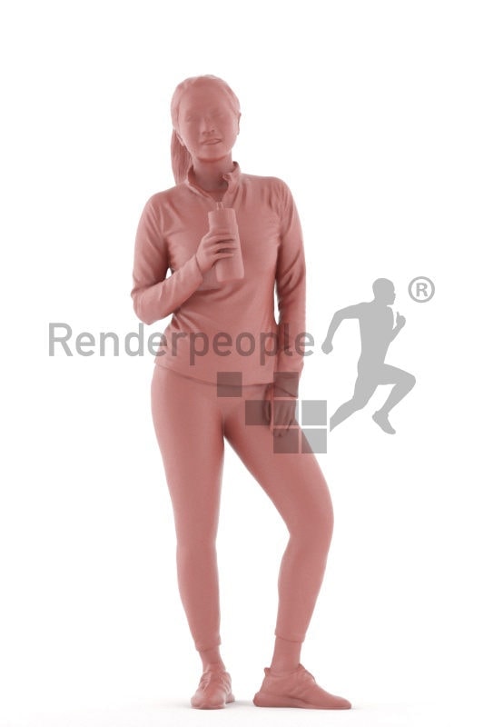 Posed 3D People model for renderings – asian woman in gym outfit, standing and drinking from a bottle