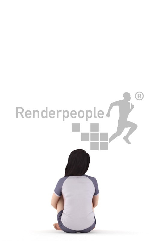 Posed 3D People model for renderings – asian woman in shorty pyjama, sitting and smiling