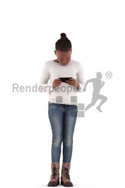 3d people casual, black 3d kid standing and playing with her phone