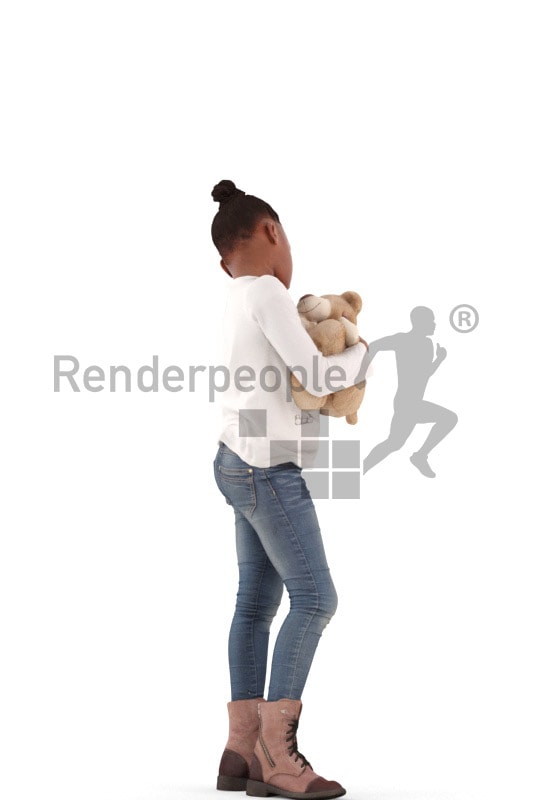3d people casual, black 3d kid standing and cuddling with her teddy