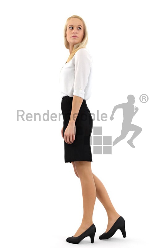 3d people business, white blond 3d woman walking and looking over her shoulder