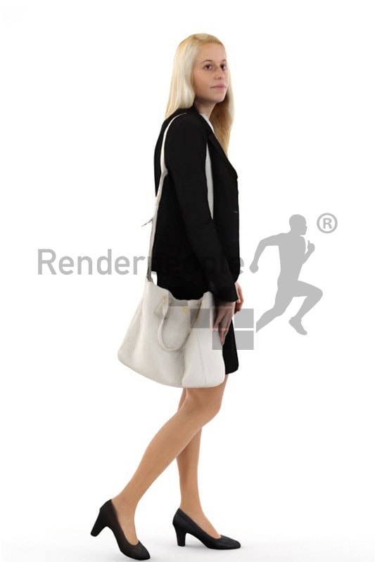 3d people shopping, white blond 3d woman carrying a purse and walking