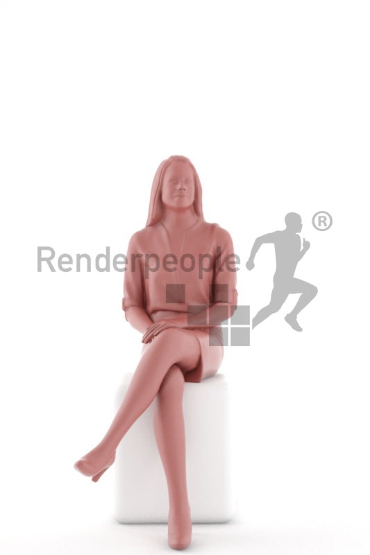 3d people business, white blond 3d woman sitting having her legs crossed