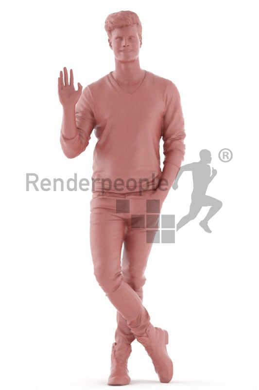 3d people casual, jung man standing and waving