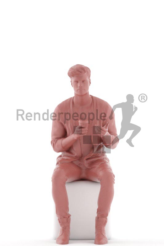3d people casual, young man sitting and drinking coffee